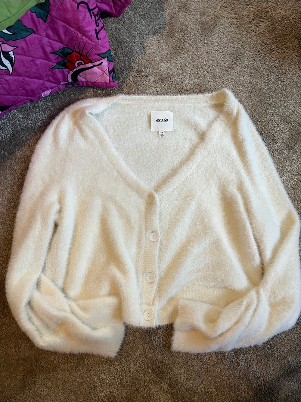 aerie Cream Fuzzy V-Neck Button Front Cardigan